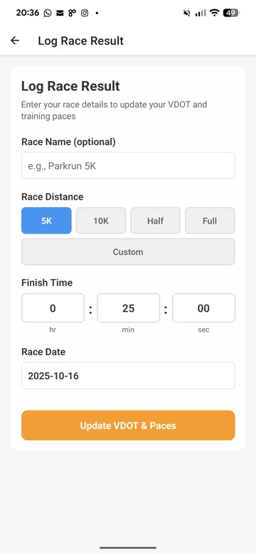 SCAMPR app: Log a race result